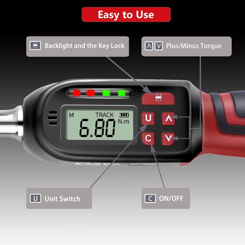 VANPO Digital Torque Wrench 3/8 Inch Drive 5-99.5 ft-lbs./6.8-135Nm, ±2% CW Torque Accuracy, Electronic Torque Wrench Set with Buzzer and LED Flash Notification for Bike Moto - Image 2
